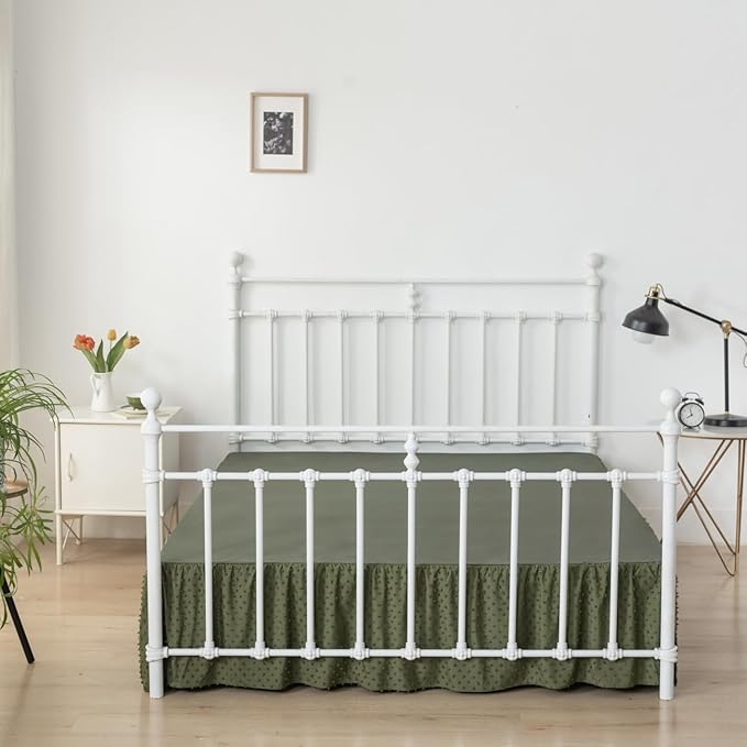 Tufted Dot Bed Skirt Queen Size Ruffled Bed Skirt with Split Corners, 14 Inch Drop Dust Ruffle Bed Skirts with Platform, Olive Green