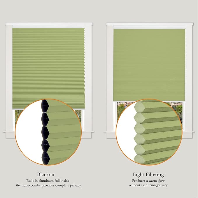 Persilux Custom Cellular Shades Cordless Window Shades Light Filtering Bottom up Honeycomb Blinds UV Protection Room Darkening Blinds for Windows, Office and Living Room Green