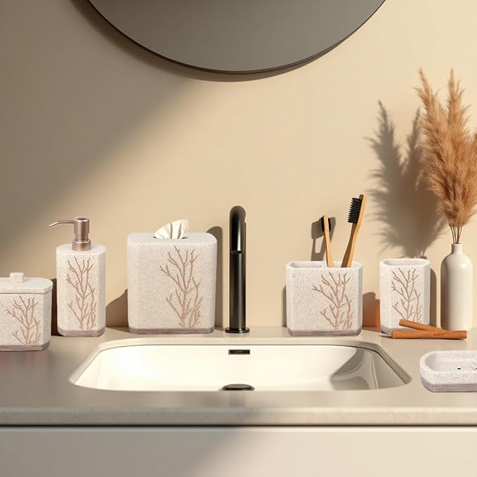 Decozen Bathroom Accessories Set 6Pcs – Soap Dispenser, Toothbrush Holder, Tumbler, Soap Dish & Cotton Swab Jar – Modern Bathroom Decor, Bath Set for Christmas Decor, Kent