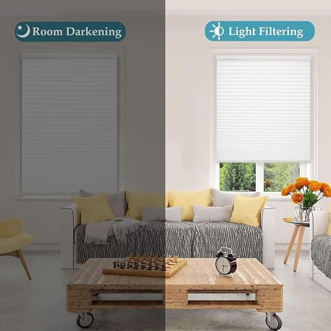 MYshade 1.5-Inch Cellular Cordless Light Filtering Shades,Thermal Insulating Noise Reducing Waterproof Blinds,Honeycomb Window Treatments for Indoor Light Control (White-27 W x 64" H)