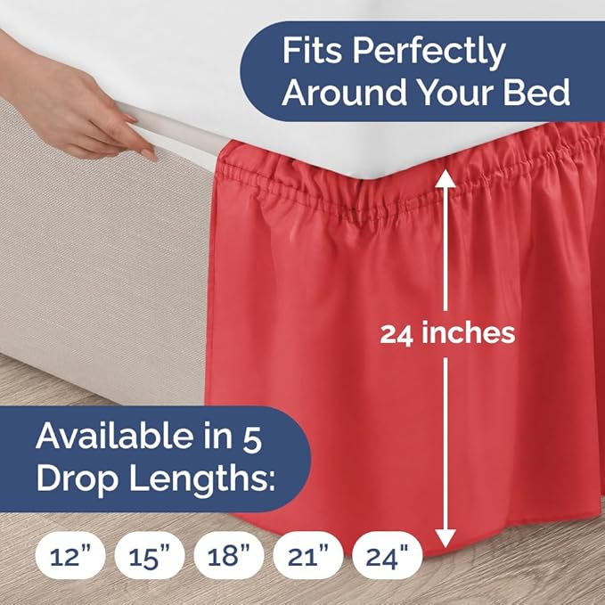Wrap Around Dust Ruffle Bed Skirt - Red - for King Size Beds with 24 Inch Drop - Easy Fit Elastic Strap - Adjustable Pleated Bedskirt w/Brushed Fabric - Wrinkle Free - for Women, Men, Kids & Teens