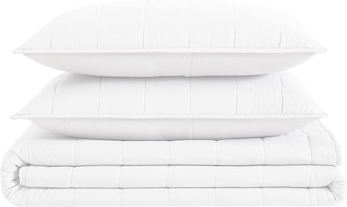 London Fog Garment Washed Solid Quilt Set White Microfiber 3-Piece King Quilt Set, Solid Themed, Adult and Teen, Oeko-TEX Certified