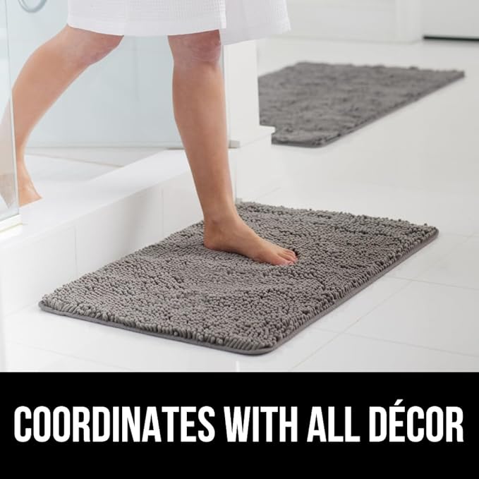 GORILLA GRIP Bathroom Rug Sets 3 Piece, Bath Mat Set and Oval Toilet Base with Rubber Backing, Plush Absorbent Shaggy Chenille Washable Mats, Includes 24x19.5, 24x17 and 30x20 Inch Rugs, Grey