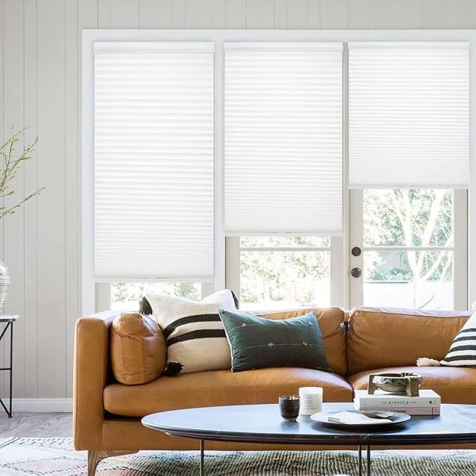 MYshade 1.5-Inch Cellular Cordless Light Filtering Shades,Thermal Insulating Noise Reducing Waterproof Blinds,Honeycomb Window Treatments for Indoor Light Control (White-34 W x 72" H)