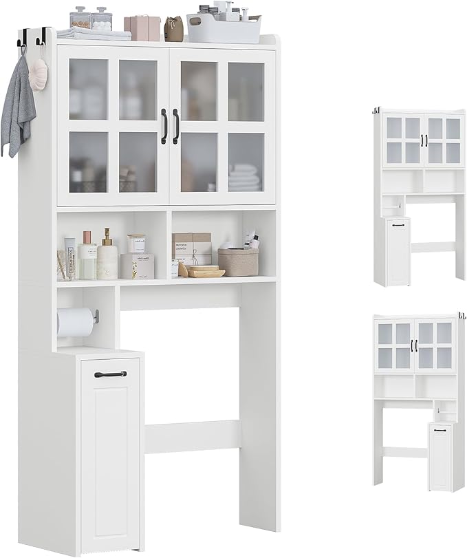 Over The Toilet Storage Cabinet with Pulley Small Bathroom Storage Cabinet, Space Saver W/Adjustable Shelf & Glass Doors for Bathroom, Restroom, Laundry (Frosted Mirror-Type B)