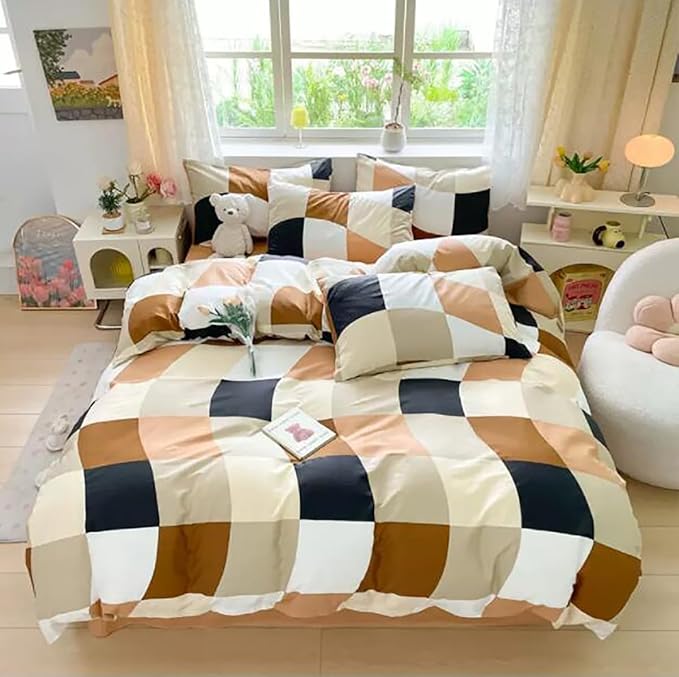 KAREVER Checkerd Comforter Set King Multicolored Grid Bedding Set Men Women Modern Chic Checkered Bed Blanket White Black Plaid Buffalo King Bedding Comforter All Season Hotel Quality
