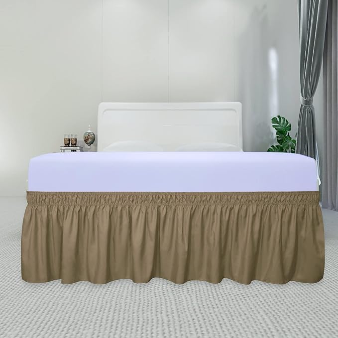 PureFit Wrap Around Ruffled Bed Skirt with Adjustable Elastic Belt - 14 Inch Drop Easy to Put On, Wrinkle Free Bedskirt Dust Ruffles, Bed Frame Cover for Twin, Twin XL and Full Size Beds, Camel