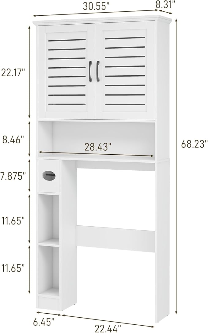 Over The Toilet Storage Cabinet, Wood Over Toilet Bathroom Organizer Cabinet with 2 Doors, Freestanding Home Space Save Toilet Rack for Restroom, Bathroom, Laundry, White