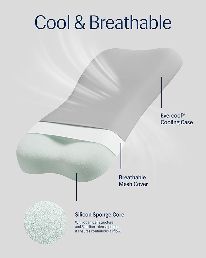 REST® Evercool® Cooling Pillow, Instant Cool-to-Touch Shell Fabric & Breathable Silicone Sponge Core for All-Night Temperature Regulation & Ergonomic Support, Medium Height, Light Gray