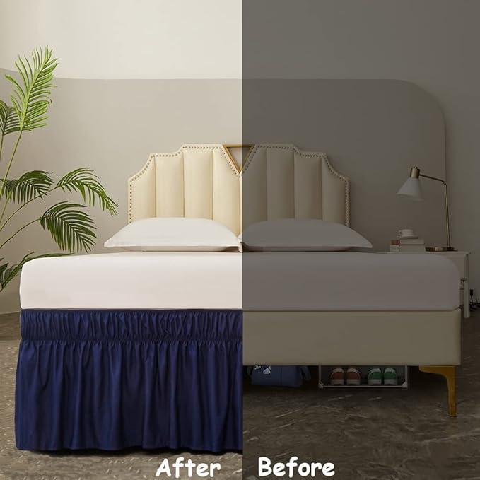 MEILA Wrap Around Bed Skirt Three Fabric Sides Elastic Dust Ruffled 16 Inch Tailored Drop,Easy to Install Fade Resistant-Navy Blue, Twin/Full