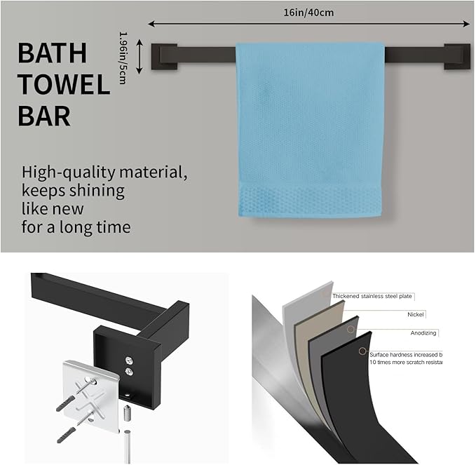 20-Pieces Matte Black Bathroom Accessories Set, 16 Inch Bath Towel Bar Set, SUS 304 Stainless Steel Bathroom Hardware Set, Towel Racks for Bathroom Wall Mounted