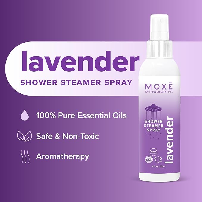 MOXE Lavender Oil Shower Mist, Spa Steam Spray, Certified Natural 100% Essential Oils, Made in USA, Aromatherapy, Tension Relief (4 FL Oz, Pack of 2)