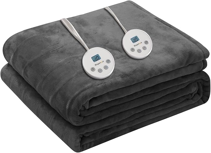 Wapaneus Heated Blanket Electric King Size 90"x100"-Dual Control with 10 Heat Levels 12 Timer Settings and 8 Hours Auto-Shut Off,Fast-Heating Electric Blanket,ETL Listed Machine Washable,Dark Grey