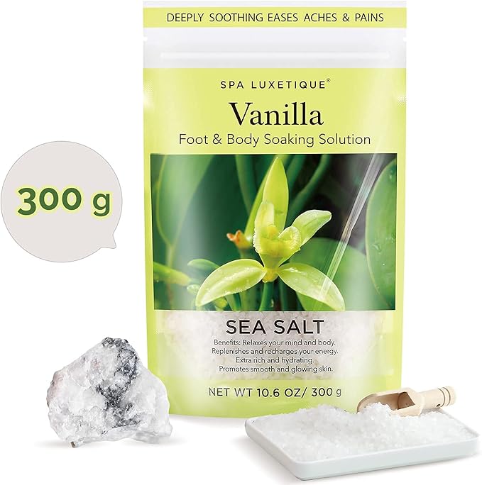 spa luxetique Bath Salts Gift Set 6-Pack, Foot and Body Sea Salts for Soaking, Wooden Scooper, 0.5oz Argan Oil, Bath Salts for Women Relaxing, Mother's Day Gifts for Mom