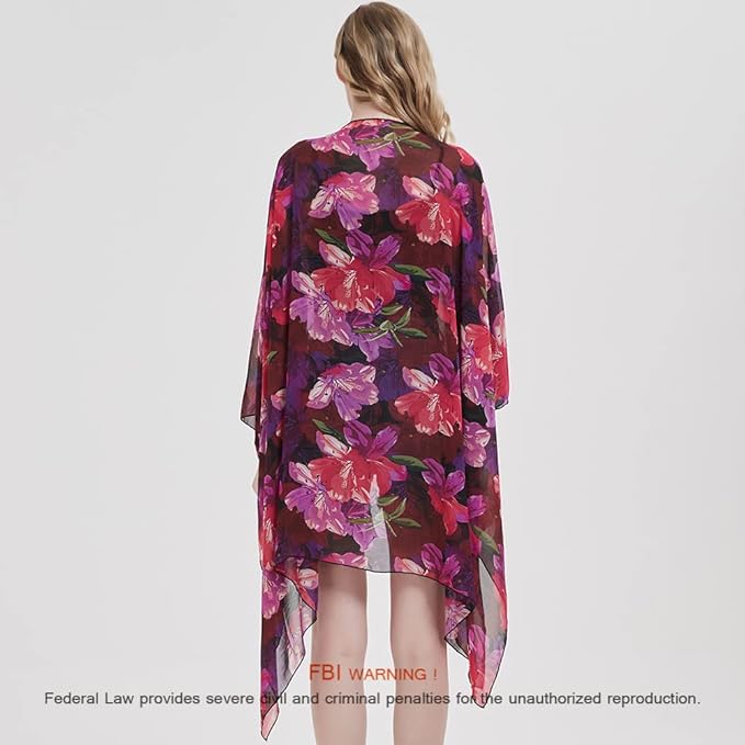 Women's Bohemian Floral Chiffon Beach Cover up Swimsuit Kimono Summer Swimwear Cardigans