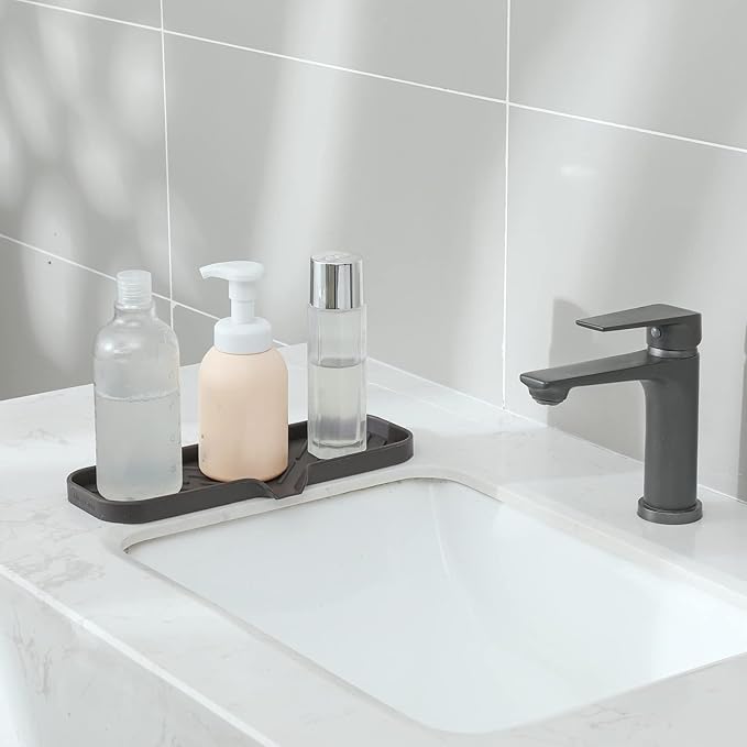 Silicone Bathroom Soap Dishes with Drain Spout-Bathroom and Kitchen Sink Organizer,Sponge Holder,Dish Soap Tray,Perfect for Dispenser,Scrubber,Bottle,Cup on Sink or Counter-Coffee 12"×4"