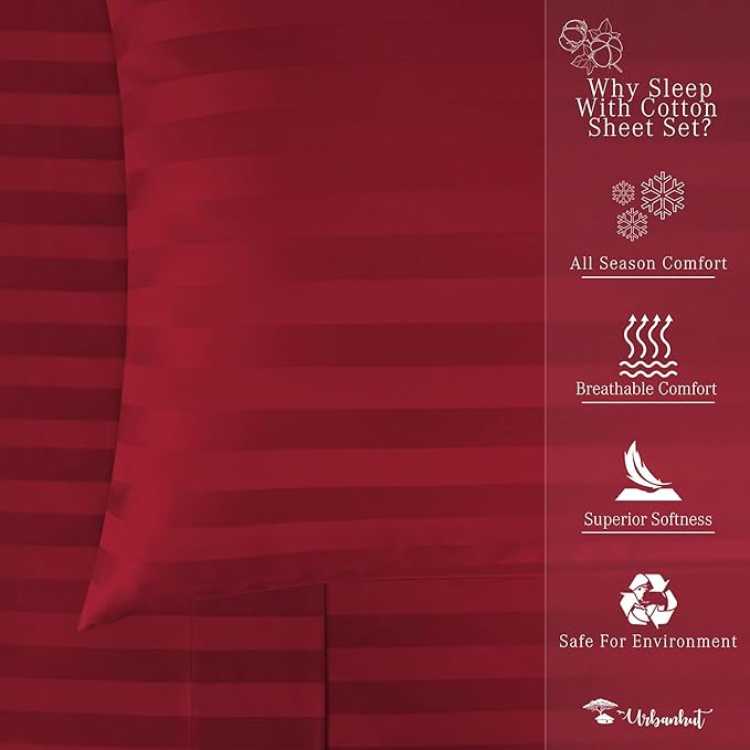 URBANHUT 1000 Thread Count Damask Striped King Bed Sheets Egyptian Cotton Sheet Set, Long Staple Soft & Breathable, 4 Pc Bed Sheet Sets, Luxury Hotel Sateen Sheets Fits 16" Deep Pocket - Burgundy