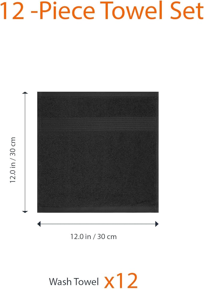 Amazon Basics Cotton Washcloths for Face, Soft, Absorbent, 12-Pack, Black, 12 Inch x 12 Inch