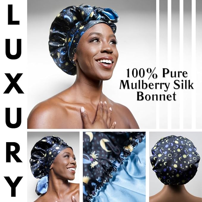 100% Mulberry Silk Bonnet for Sleeping Women, Handmade in USA 19 Momme Double Layer Reversible Silk Hair Wrap with Adjustable Ties, Non-Slip Sleep Cap for Curly & Natural Hair (sun and Moon)
