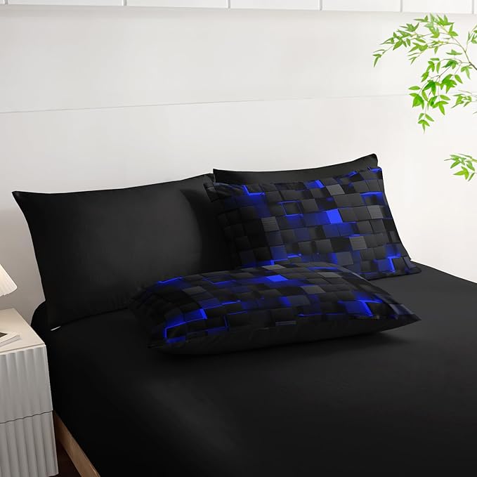 Twin Size Comforter Set 7 Piece - Black and Blue Modern Bedding, 3D Cube Design, Soft Microfiber, Gamer Bed Set, All Season