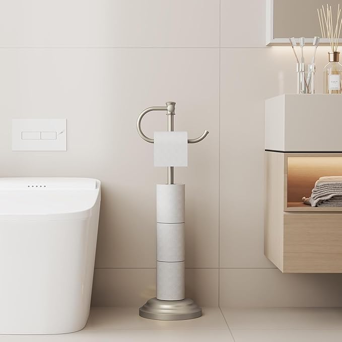 BESy Toilet Paper Holder Stand SUS 304 Free Standing Bathroom Tissue Holder with Storage Hardware Accessories Rack Hand Towel Bar Rustproof Lavatory Tissue Roll Holder Floor Modern Brushed Nickel