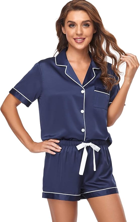 Women's Satin Pajama Set 2-Piece Sleepwear Loungewear Button Down Short Sleeve Silky PJ Set