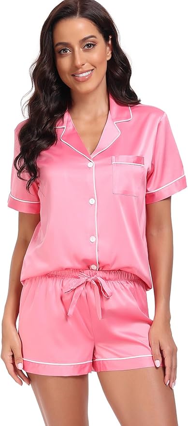 Women's Satin Pajama Set 2-Piece Sleepwear Loungewear Button Down Short Sleeve Silky PJ Set