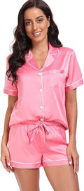 Women's Satin Pajama Set 2-Piece Sleepwear Loungewear Button Down Short Sleeve Silky PJ Set