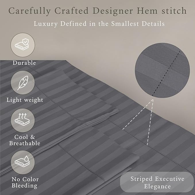 Threadmill 500 Thread Count Twin Size Damask Stripe, 3 Pc Luxury Cotton Bedding Set, Breathable & Silky Soft Dark Grey Sheets with 15" Elasticized Deep Pocket, 1 Pillowcase & Free Tote Bag
