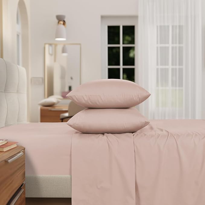 IZOD 100% Egyptian Cotton Sheets Set Twin XL Size, Cotton Percale Crisp Sheet Set 3Pc, Lightweight & Deep Pocket fits Upto 17", Long-Staple Soft Combed, Hotel Style Luxury Bedding Sheet - Blush Rose