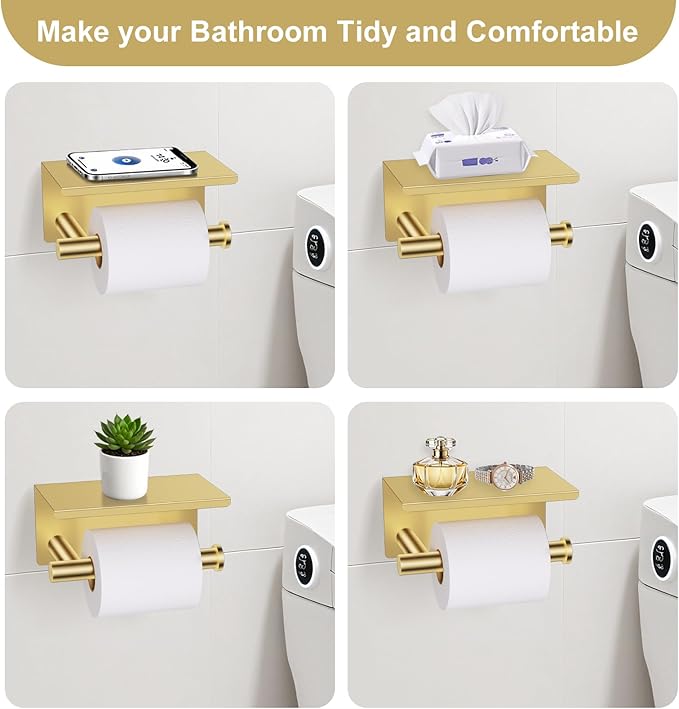 Brushed Gold Bathroom Hardware Set, 5 Pieces Gold Towel Bar Bathroom Accessories, Upgraded Toilet Paper Holder with Shelf Set, 23.6 Inch Towel Rack Towel Holder for Bathroom Wall