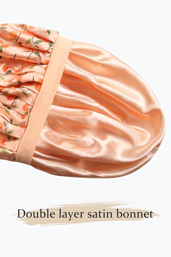 Floral Satin Bonnet For Sleeping Women Double Layer Pleated Design Adjustable Shower Cap For Curly Hair Orange