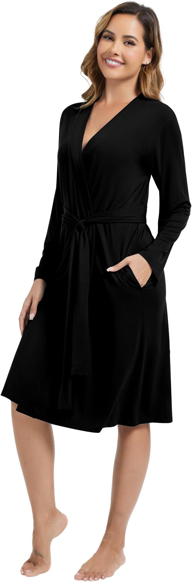 WiWi Women's Robe Long Sleeve Bathrobe with Pockets Soft Kimono Spa Lightweight Robes Bamboo Viscose Loungewear S-XXL