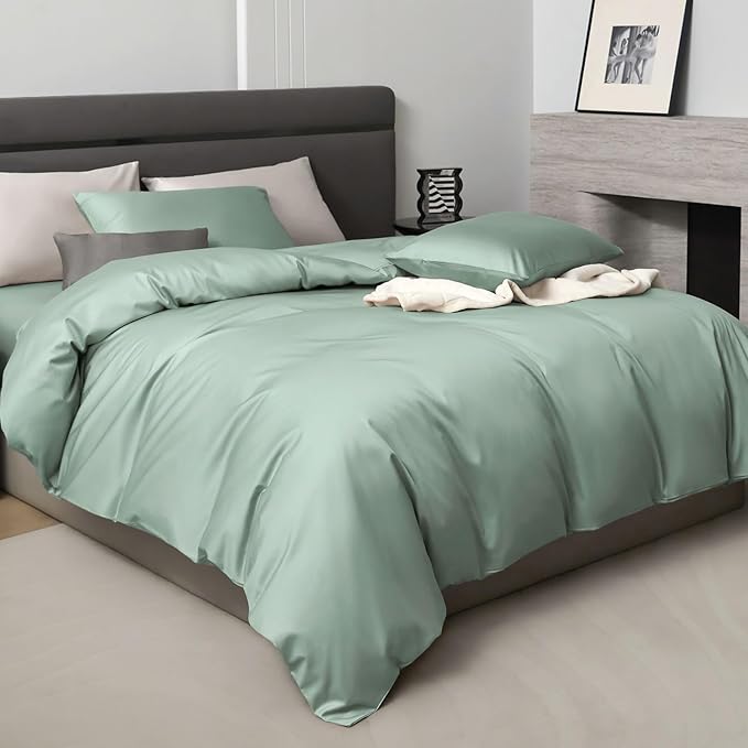 PURE ERA Duvet Cover Set 800 Thread Count Long Staple Cotton Sateen Silky Soft Luxurious Smooth 3 Piece Set Light Sage Green Queen