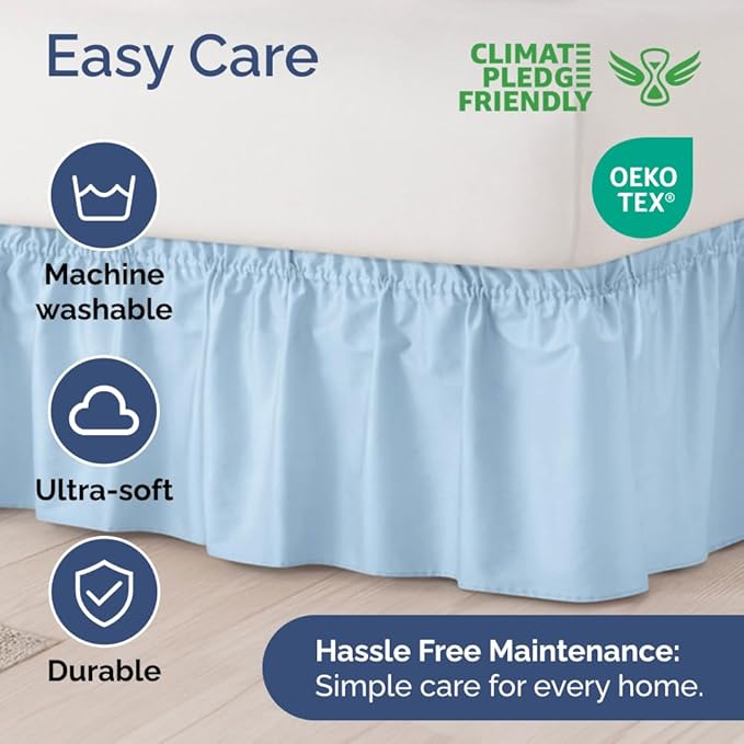 Wrap Around Dust Ruffle Bed Skirt - Light Blue - for King Size Beds with 12 Inch Drop - Elastic Strap - Adjustable Pleated Bedskirt with Brushed Fabric and Wrinkle Free - for Women, Men, Kids & Teens