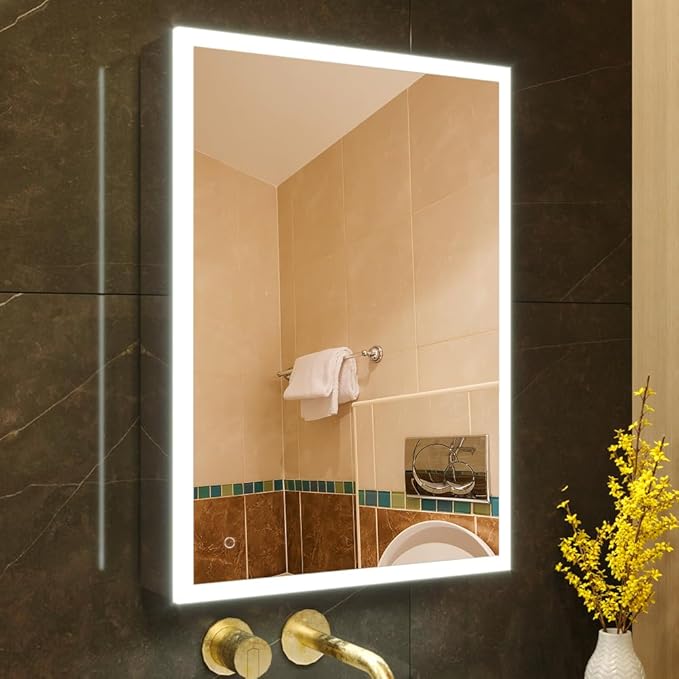 KWW LED Lighted Bathroom Medicine Cabinet with Sockets & USBs, Dimmable, 3 Color Light Makeup Mirror, Easy to Install, Wall Mounted Cabinet (Left Hinge, 19.5 * 28)