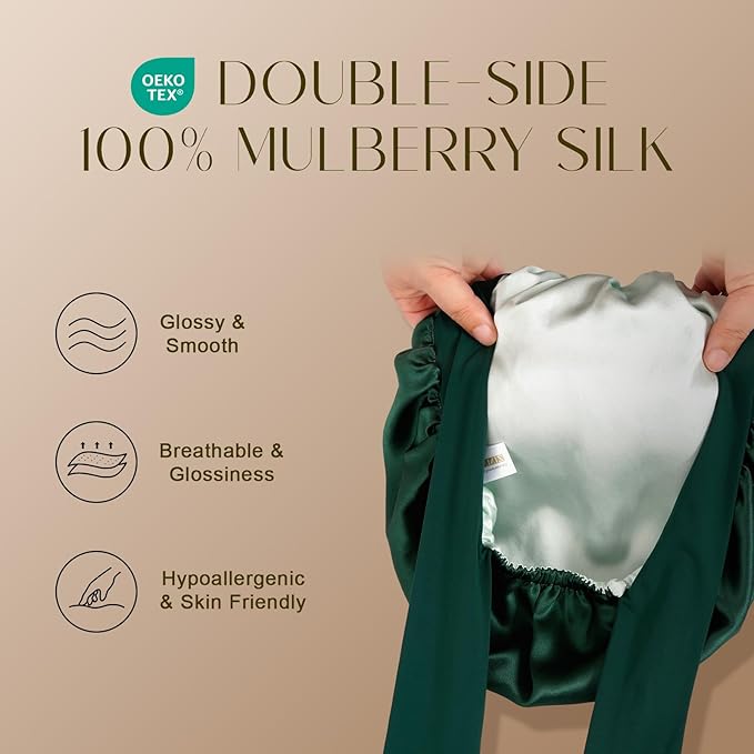 ZIMASILK 100% Mulberry Silk Bonnet for Sleeping Women Long Hair Double Layer Silk Hair Wrap with Tie Band Stay On Head (1Pc, Blackish Green)