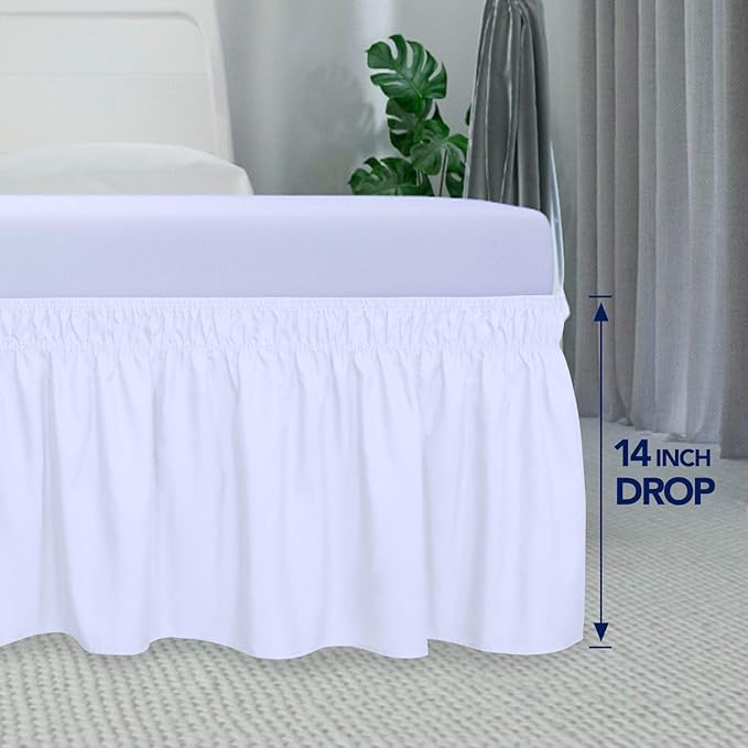 PureFit Wrap Around Ruffled Bed Skirt with Adjustable Elastic Belt - 14 Inch Drop Easy to Put On, Wrinkle Free Bedskirt Dust Ruffles, Bed Frame Cover for Queen, King and C-King Size Beds, White