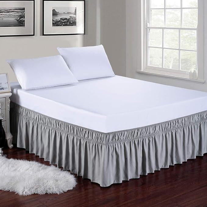MEILA Wrap Around Bed Skirt Three Fabric Sides Elastic Dust Ruffled 16 Inch Tailored Drop,Easy to Install Fade Resistant-Grey, Queen/King