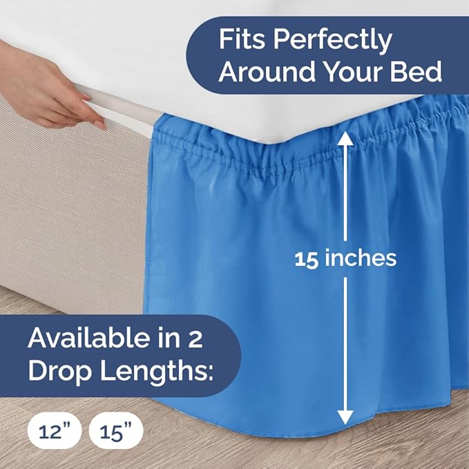 Wrap Around Dust Ruffle Bed Skirt - Royal Blue - for Full Size Beds w/ 15 Inch Drop - Easy Fit Elastic Strap - Adjustable Pleated Bedskirt w/Brushed Fabric - Wrinkle Free, Women, Men, Kids & Teens