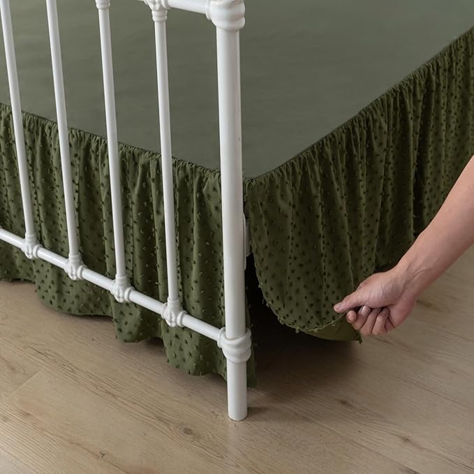 Tufted Dot Bed Skirt King Size Ruffled Bed Skirt with Split Corners, 18 Inch Drop Dust Ruffle Bed Skirts with Platform, Olive Green