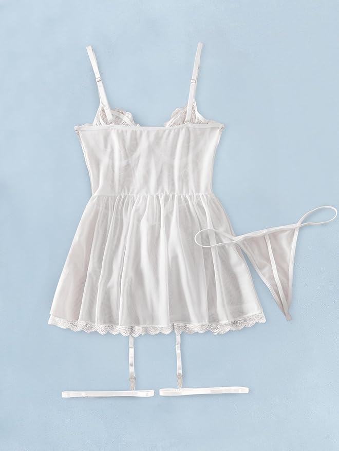 Lilosy Sexy Garter Belt Mesh Lace Babydoll Lingerie Dress Set with Thong