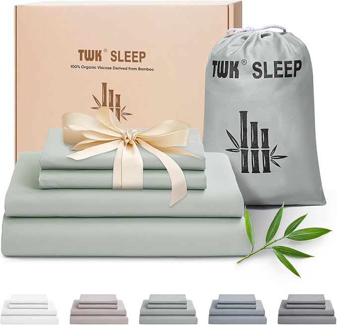 TWK Luxury Sheet Set, Genuine 100% Viscose Derived from Bamboo, Cooling & Breathable, Silky Soft, Bedding Sheets & Pillowcases (Sea Glass, King)