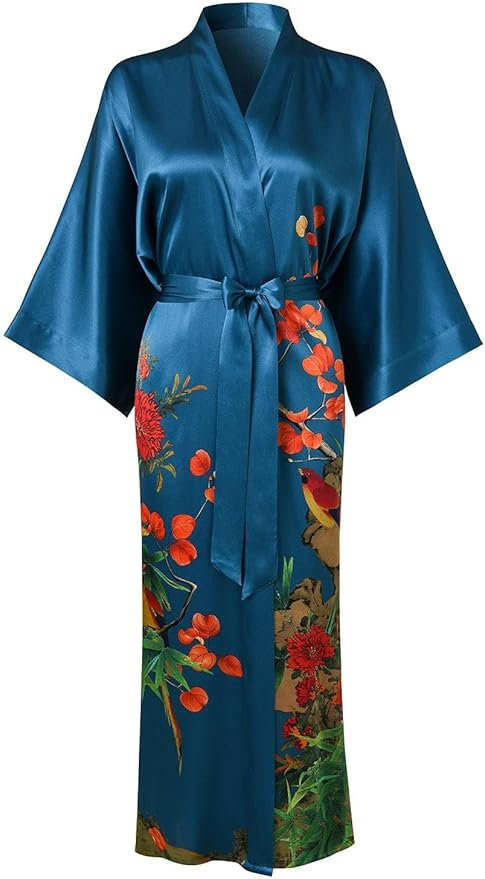 Women's Silk Kimono Robe Long Bathrobe Nightgown 100% Mulberry Silk for Women - Classic Floral Pattern