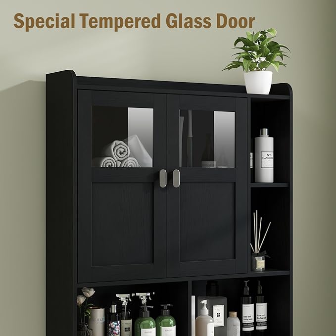 Vabches Over The Toilet Storage Cabinet, Bathroom Shelf Over Toilet with Glass Doors and Adjustable Shelves, Black Freestanding Home Space Save Toilet Rack, for Restroom, Bathroom, Laundry