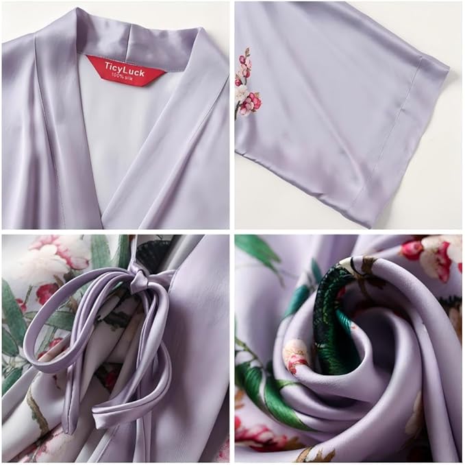 Women's Silk Kimono Robe Long Bathrobe Nightgown 100% Mulberry Silk for Women - Classic Floral Pattern