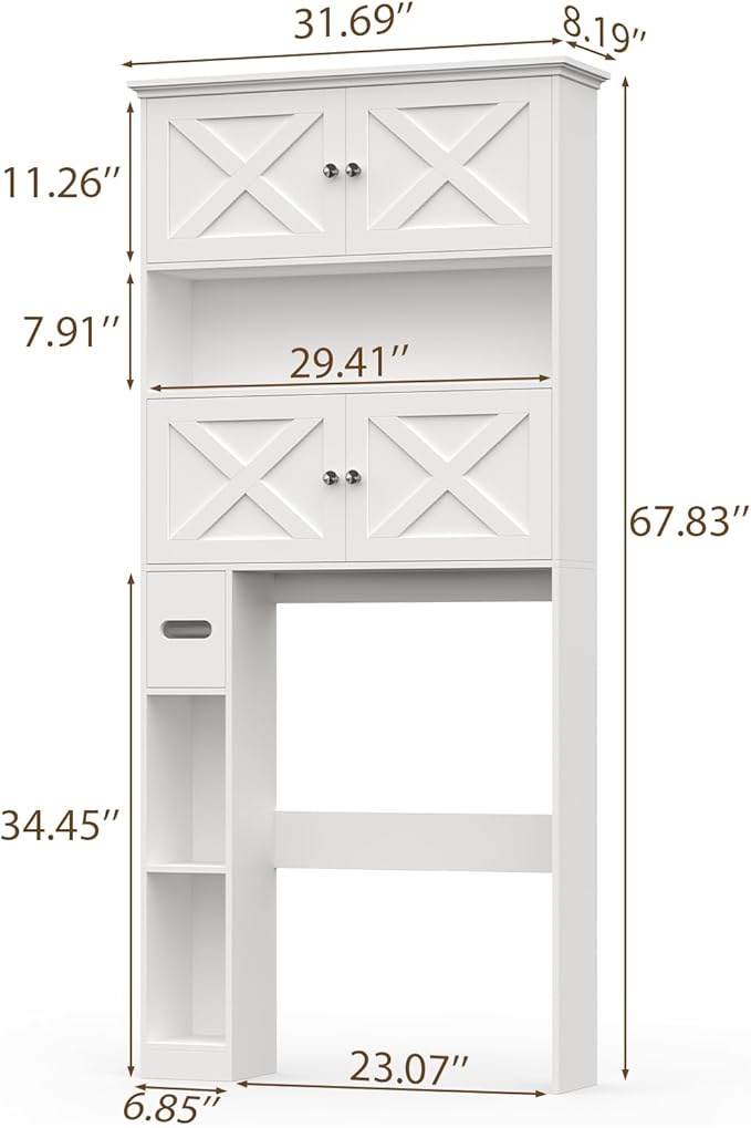 Over The Toilet Storage Cabinet, Farmhouse Storage Cabinet Over Toilet with 4 Barn Doors & Toilet Paper Holder Stand, White Toilet Shelf Home Space Saver for Restroom, Bathroom, Laundry