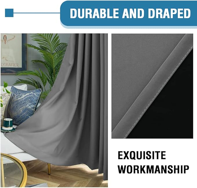 H.VERSAILTEX 100% Blackout Curtains for Bedroom Thermal Insulated Blackout Curtains 108 Inches Long Rod Pocket/Clip Rings Curtains for Living Room with Black Liner 2 Panels, Grey