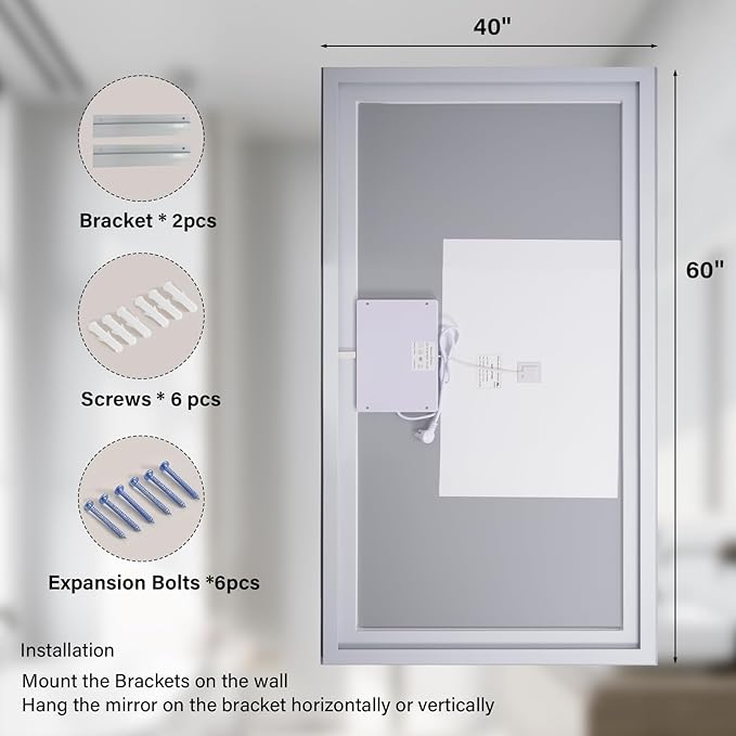 40"x 60"LED Bathroom Mirror, Backlit + Front Lit, LED Bathroom Mirror with Lights for Wall, 3 Colors, Anti-Fog, Dimmable Brightness, Memory Function, Tempered Glass