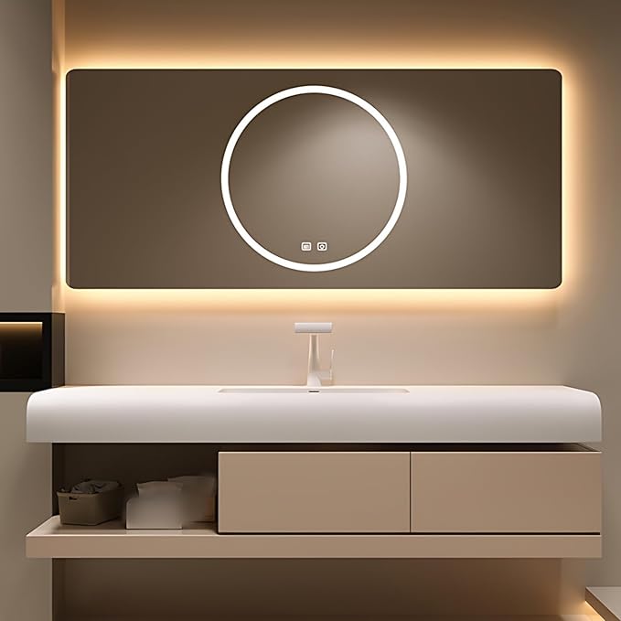 56IN Bathroom Vanity with Sink - Bathroom Cabinet Set has 2 Drawers & Overflow Hole Wall Mounted | LED Practical Defogging Mirror, Open Compartments, Seamless Rock Slab Basin (Khaki)